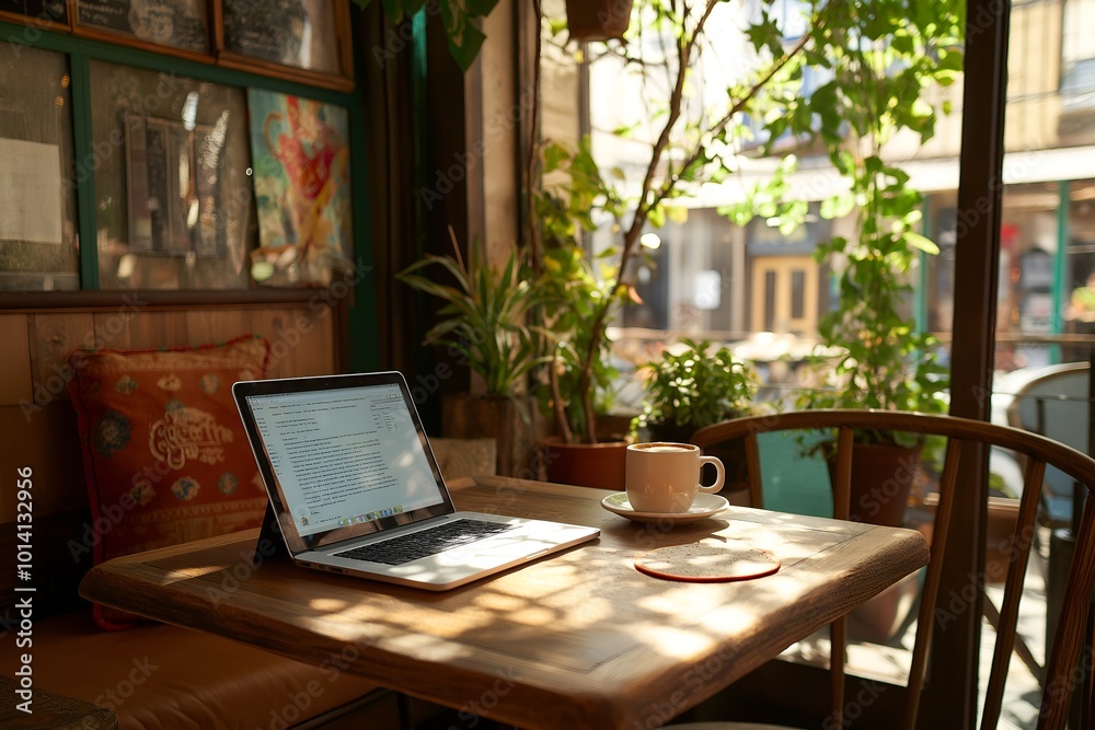 A Digital Nomad Working From a Laptop in a Cozy Café, With a Warm Interior, a Cup of Cappuccino on the Table, Freelance, Business, Marketing, Finance, Employees A Digital Nomad Working From a Laptop in a Cozy Café, With a Warm Interior, a Cup of Cappuccino on the Table, Freelance, Business, Marketing, Finance, Employees