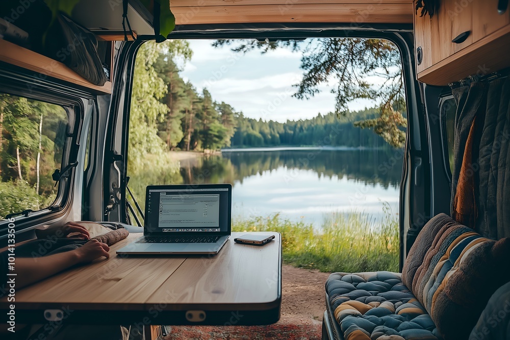 Fototapeta premium A Person Working Remotely From a Camper Van Parked by a Serene Lake, With a Laptop on a Foldable Table and the Outdoors Visible, Freelance, Business, Marketing, Finance, Employees