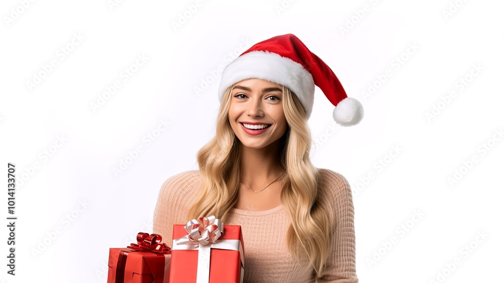Copy-space for text. Girl in Christmas red Santa hat. Christmas and New Year holiday concept. White background with space for text. Image for advertising Christmas products. Generate AI. Copy-space for text. Girl in Christmas red Santa hat. Christmas and New Year holiday concept. White background with space for text. Image for advertising Christmas products. Generate AI.
