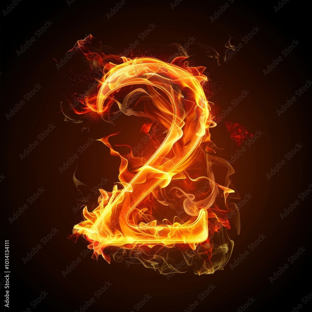 Fototapeta premium Number 2. Fire flames on black isolated background. Part of number set.