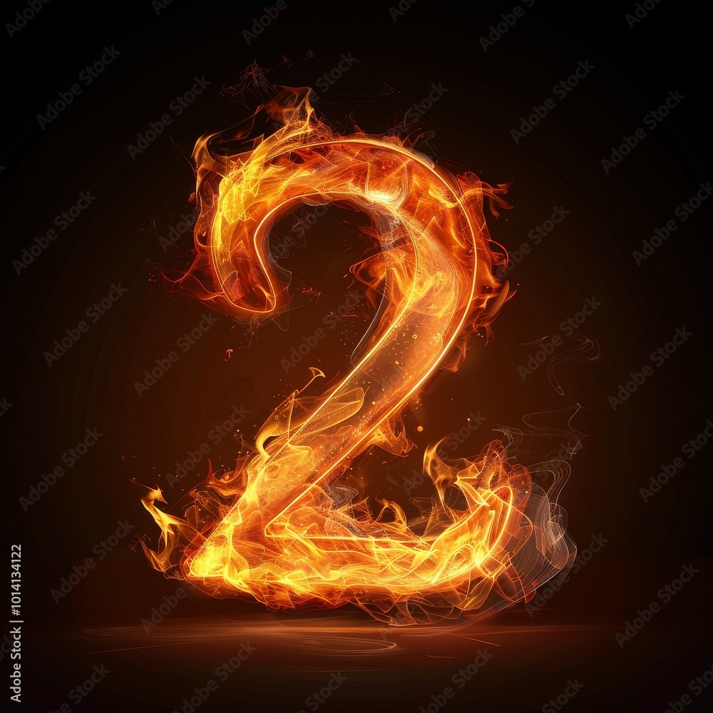 Fototapeta premium Number 2. Fire flames on black isolated background. Part of number set.