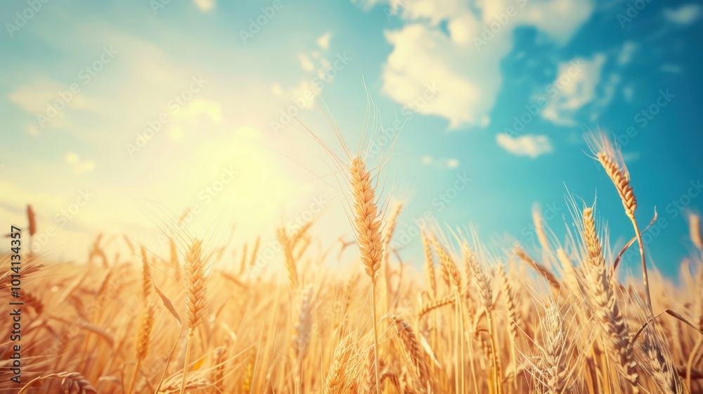 Sunset Over Golden Wheat Field with Blue Sky Sunset Over Golden Wheat Field with Blue Sky