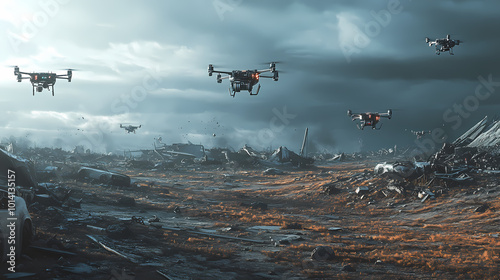 Generative AI, The Fallen Machines: Drone Wreckage Scattered Across a Dystopian Landscape photo