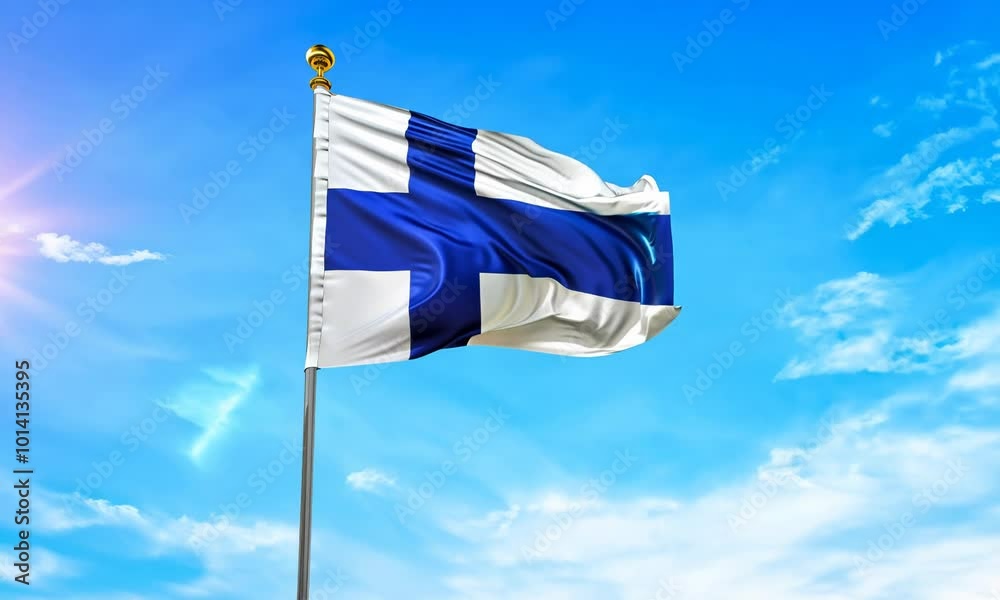 flag of Finland with its blue cross against bright blue sky Video
