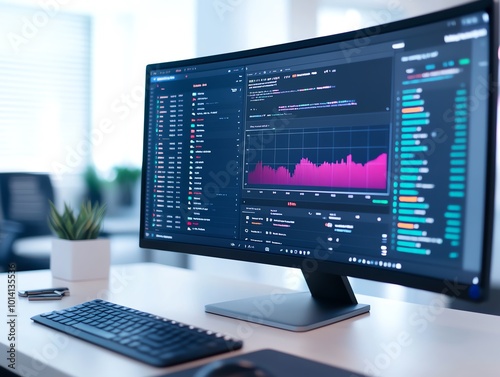 Modern computer setup displaying data analytics and financial charts on a curved monitor in a bright office environment.