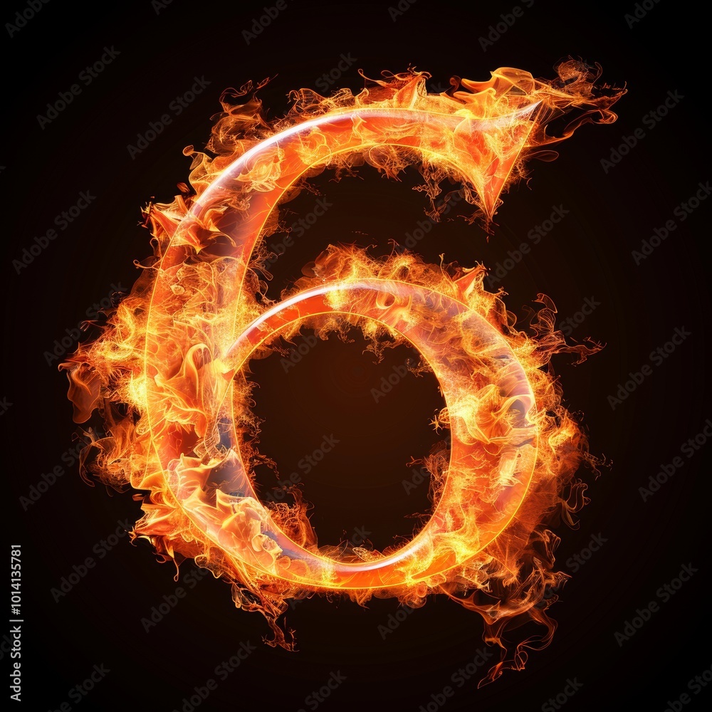 Fototapeta premium Number 6. Fire flames on black isolated background. Part of number set.