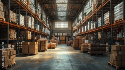 A spacious warehouse filled with stacked boxes and pallets.