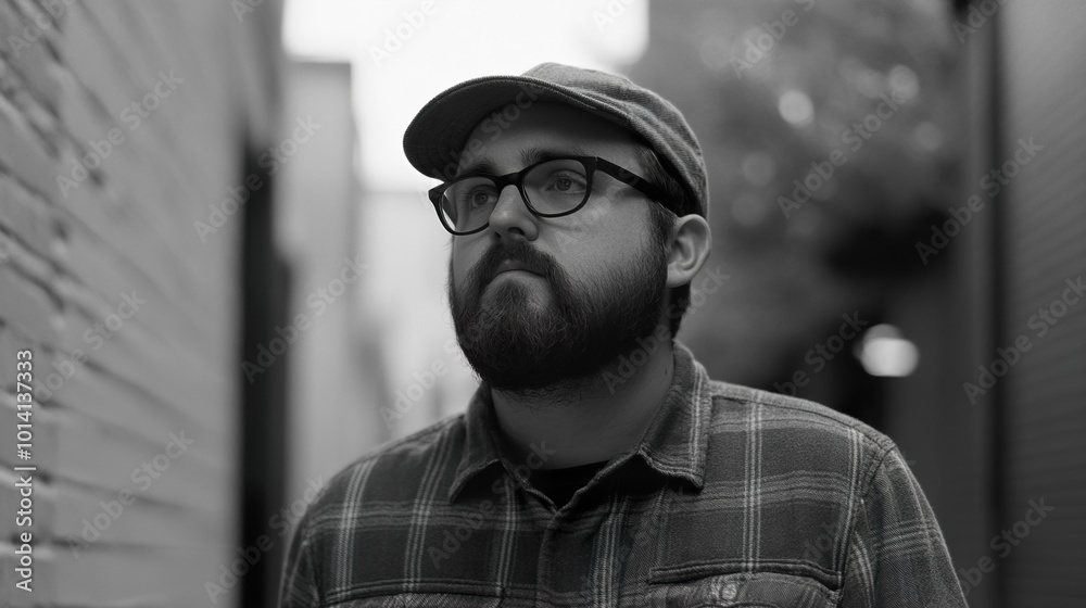 Black and White Portrait of a Man in a Plaid Shirt Black and White Portrait of a Man in a Plaid Shirt