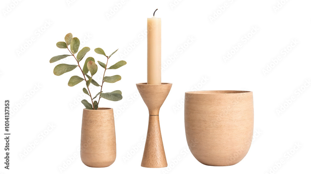 Set of minimalist wooden vases and candle holder isolated on transparent background, home decor items