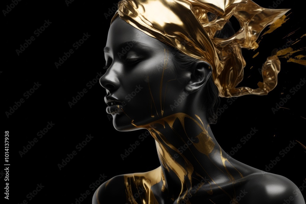 Sculpture of a black woman with gold paint on her face and a golden headdress Sculpture of a black woman with gold paint on her face and a golden headdress