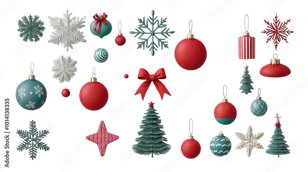 Set of Christmas ornaments with snowflakes and festive decorations isolated on transparent background