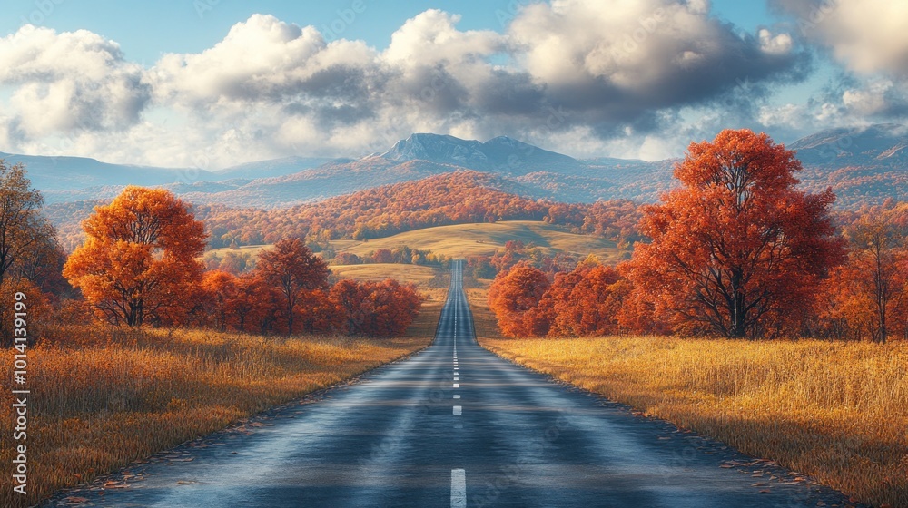 Fototapeta premium Scenic autumn road through colorful foliage and mountains.