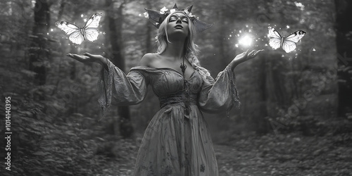 Mystical Forest Nymph: A ethereal woman, adorned with delicate antlers, stands amidst a shadowy forest, her hands outstretched towards ethereal orbs. She embodies the essence of nature's magic.