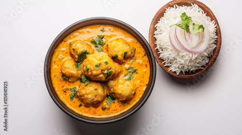 Kadhi pakora served with rice top view photo