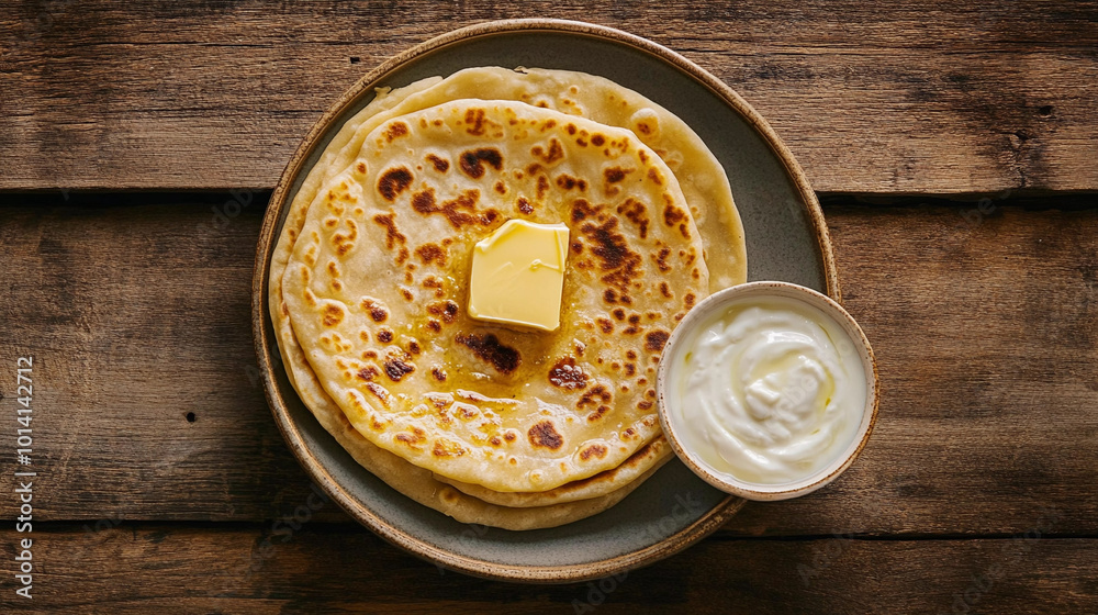 Top view of butter paratha with curd, indian breakfast Top view of butter paratha with curd, indian breakfast