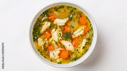 Top view of chicken soup bowl on white background