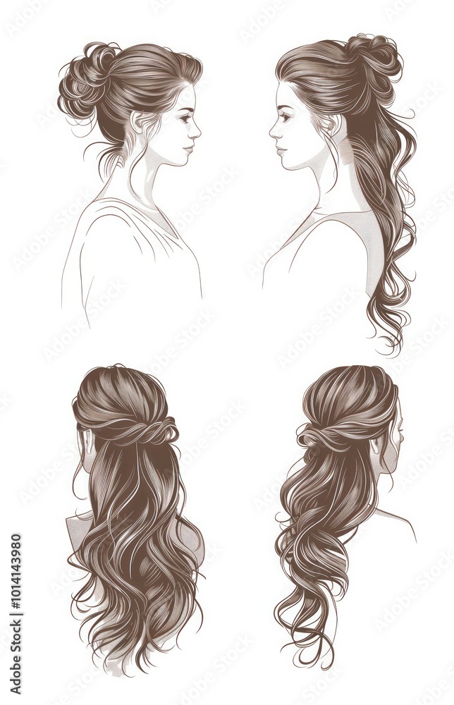 Four hairstyles for a woman with long brown wavy hair. Four hairstyles for a woman with long brown wavy hair.