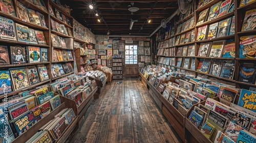A cozy vintage comic book store filled with colorful and nostalgic comic books lining wooden shelves, creating a vibrant and retro atmosphere