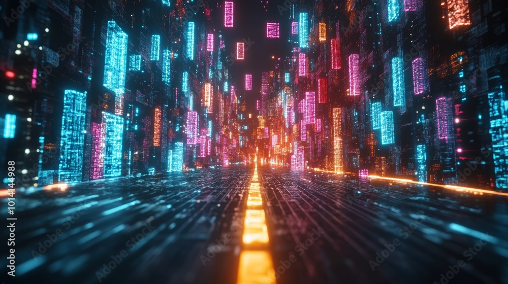 Brightly colored virtual letters flickering across a dark, glowing urban landscape from front view, representing tech-driven communication technology tone Triadic Color Scheme Brightly colored virtual letters flickering across a dark, glowing urban landscape from front view, representing tech-driven communication technology tone Triadic Color Scheme