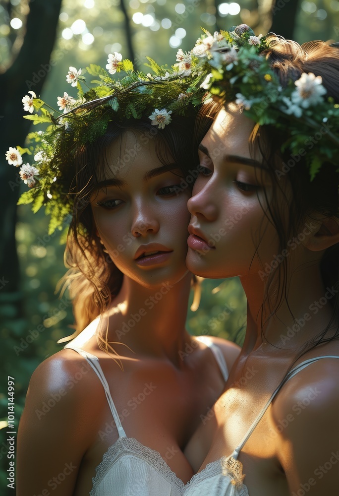 An ethereal, dreamlike scene of three young women in a forest, adorned with floral wreaths. Capturing the essence of sisterhood, unity, and natural beauty, bathed in soft sunlight amidst. An ethereal, dreamlike scene of three young women in a forest, adorned with floral wreaths. Capturing the essence of sisterhood, unity, and natural beauty, bathed in soft sunlight amidst.