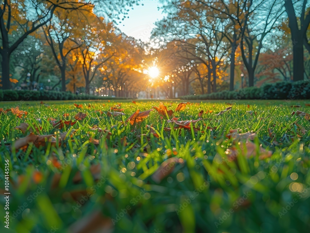 Φωτογραφία A serene autumnal landscape with vibrant orange foliage and a sunlit pathway fra