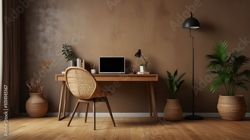 living room interiorMinimalist office environment with wooden desk, rattan chair, books, vase with leaves, pencils, camera, fashionable sculpture, brown wall, and personal accessories. Home decor. Tem