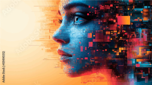 Abstract depiction of a creative digital creator's mind, with colorful digital grids blending with human features, symbolizing creativity and technology.