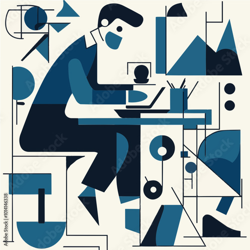 Minimalist vector illustration of a sole trader working on a computer, surrounded by geometric shapes, symbolizing productivity and creativity in business.