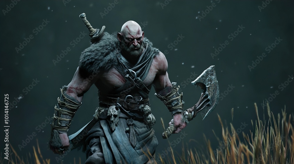 Fototapeta premium Powerful Fantasy Warrior with Axe and Sword