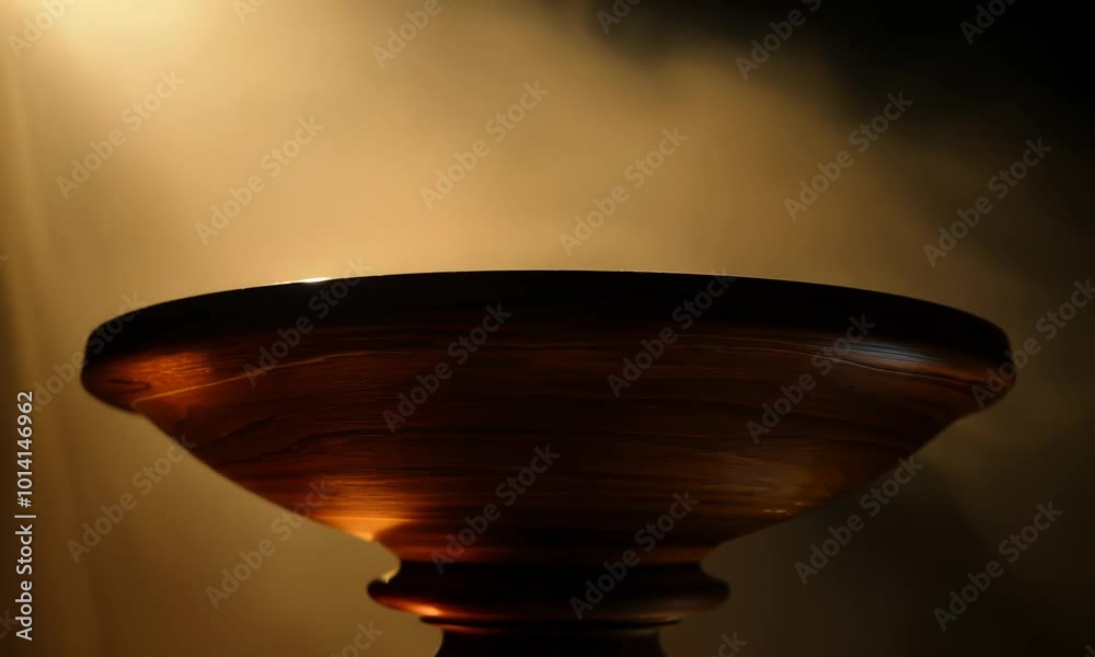 Wooden pedestal with a rich, dark finish, illuminated by warm, soft lighting. Video Wooden pedestal with a rich, dark finish, illuminated by warm, soft lighting. Video