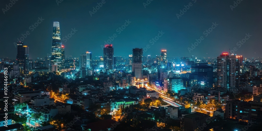 A panoramic view of a city skyline at night with brightly lit skyscrapers and street lights. A panoramic view of a city skyline at night with brightly lit skyscrapers and street lights.