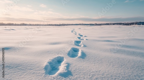 Snowy Pathway in Solitude, a serene winter landscape featuring a lone trail of footprints disappearing into the vast white expanse.