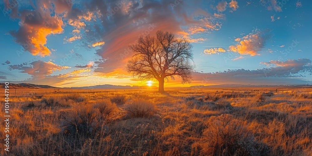 A stunning sunset landscape featuring a solitary tree in the middle of a vast, open field, with the sky painted in vibrant hues of orange and blue A stunning sunset landscape featuring a solitary tree in the middle of a vast, open field, with the sky painted in vibrant hues of orange and blue
