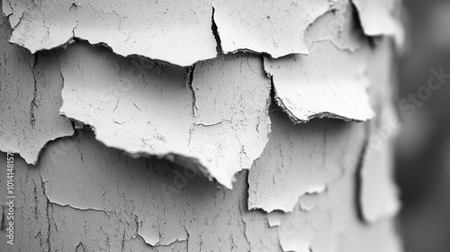 Close-up of a tree trunk with peeling bark creating intricate patterns in a grayscale tone, emphasizing texture and natural details in black and white photography