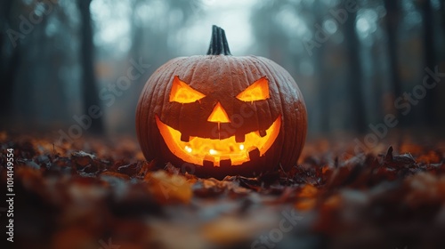 A spooky Halloween carved pumpkin with a glowing face sitting in an autumn forest on a foggy day, surrounded by fallen leaves, creating a haunting atmosphere