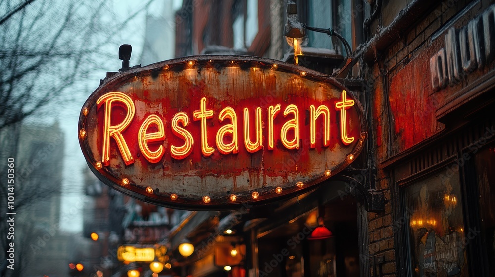 A nostalgic neon restaurant sign illuminating a lively city street with a warm glow during the evening, evoking a sense of vintage charm and inviting atmosphere A nostalgic neon restaurant sign illuminating a lively city street with a warm glow during the evening, evoking a sense of vintage charm and inviting atmosphere