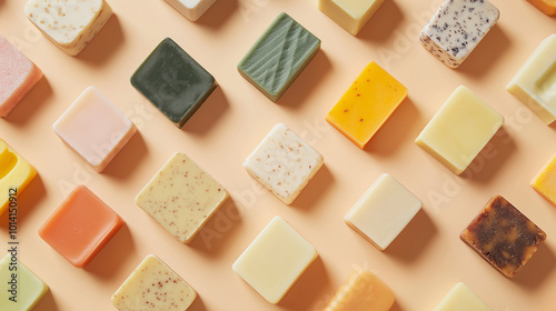 Wallpaper Mural a background of various solid soaps arranged symmetrical with soft shadow effects, creating a sense of depth, on a soft peachy background Torontodigital.ca