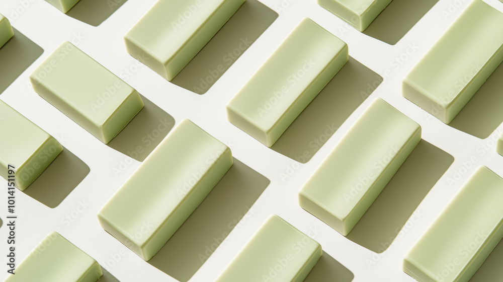 Obraz premium a collection of rectangular pastel green solid soaps arranged sophisticated diagonal arrangement with soft shadow effects, creating a sense of depth, on a soft white background with shadows
