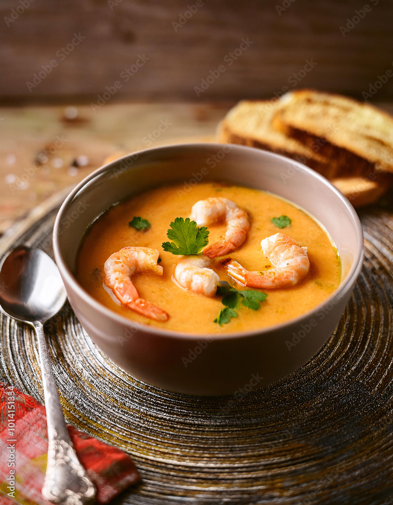 Creamy shrimp soup in a bowl with bread slices Creamy shrimp soup in a bowl with bread slices