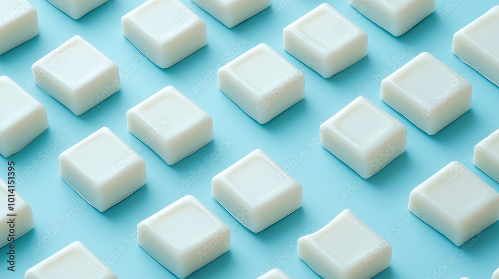 a high-resolution image of soft, translucent milky white soaps, each in smooth, rounded rectangular shapes, arranged in a symmetrical grid pattern with even spacing between each soap a high-resolution image of soft, translucent milky white soaps, each in smooth, rounded rectangular shapes, arranged in a symmetrical grid pattern with even spacing between each soap