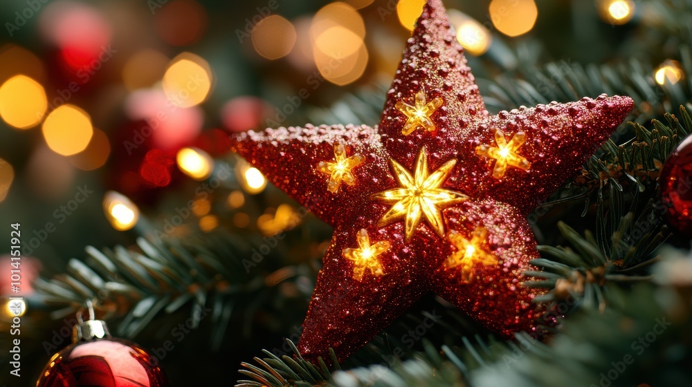 A close-up image capturing a beautifully decorated Christmas tree adorned with a glittery red star ornament, illuminated by twinkling holiday lights, evoking a festive and cozy holiday ambiance