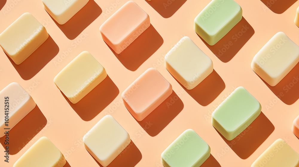a seamless pattern of various solid soaps arranged sophisticated diagonal arrangement with soft shadow effects, creating a sense of depth, on a soft peachy background with shadows a seamless pattern of various solid soaps arranged sophisticated diagonal arrangement with soft shadow effects, creating a sense of depth, on a soft peachy background with shadows