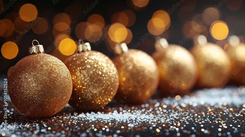 A captivating close-up image featuring a row of glittering golden Christmas ornaments on a dark background with sparkling lights and scattered glitter