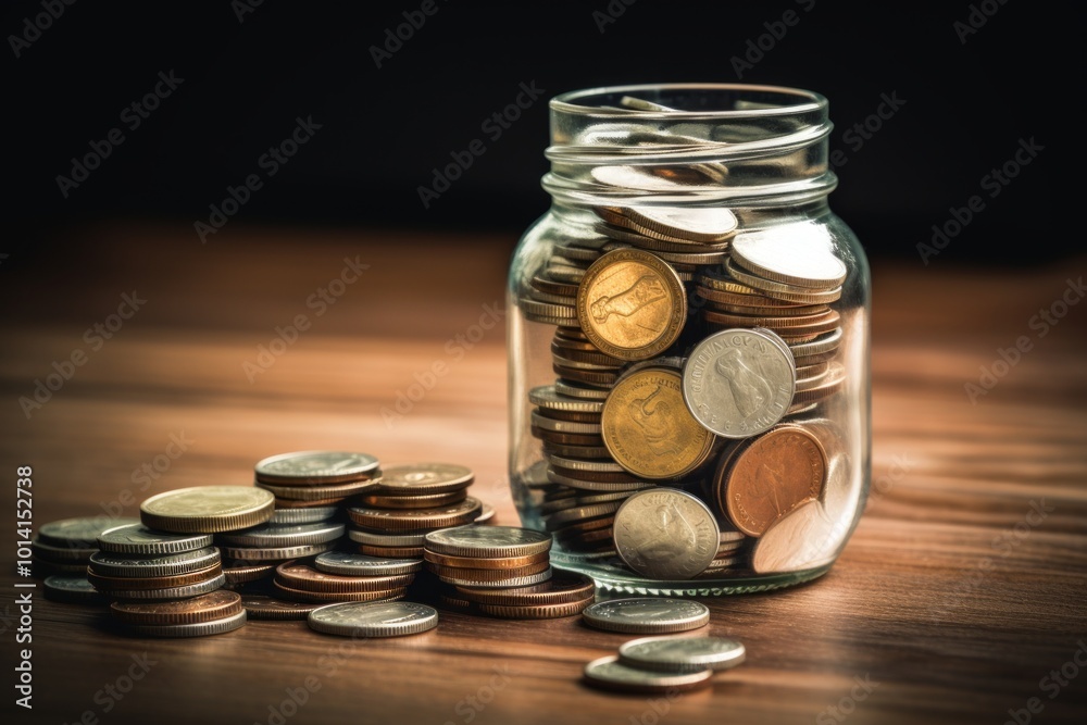A glass jar filled with coins sitting on a wooden table. The coins shine in the light, showcasing various currencies. This image represents saving and investment. AI A glass jar filled with coins sitting on a wooden table. The coins shine in the light, showcasing various currencies. This image represents saving and investment. AI