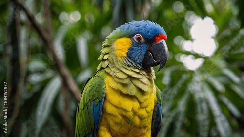 Portrait of a Brazil parrot in the blurred jungles background.