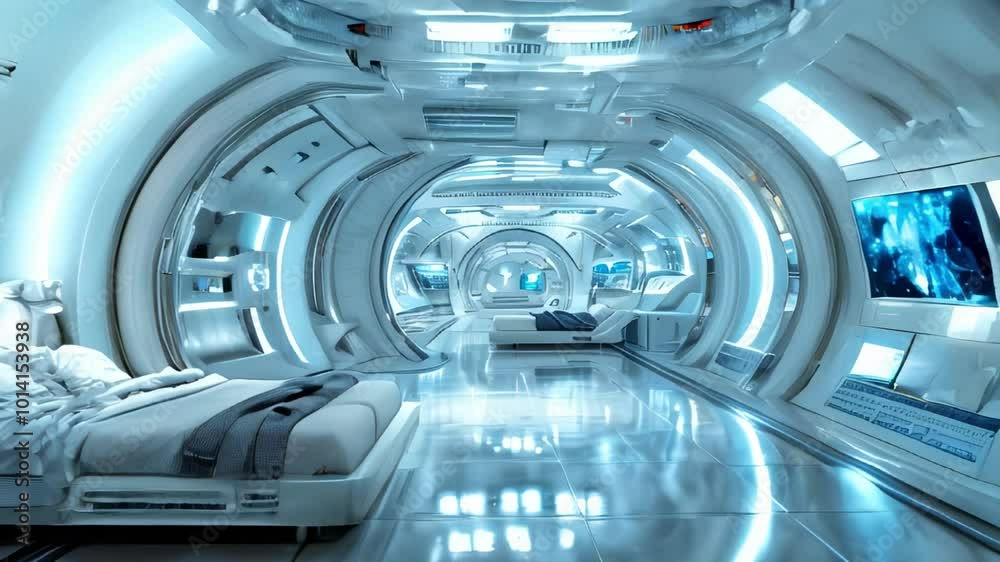 movement on Futuristic room with many monitors and beds in isolated space of spaceship or pressurized room. High quality 4k footage movement on Futuristic room with many monitors and beds in isolated space of spaceship or pressurized room. High quality 4k footage
