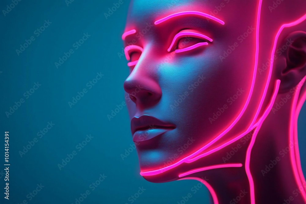 Futuristic mannequin head with glowing neon lines against a striking blue background, symbolizing advanced technology and design. Futuristic mannequin head with glowing neon lines against a striking blue background, symbolizing advanced technology and design.