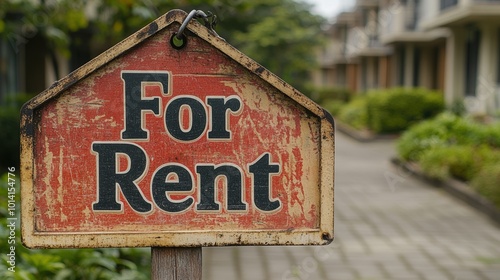 A rustic, weathered For Rent sign prominently displayed in front of a row of residential buildings with a blurred background, indicating available rental properties