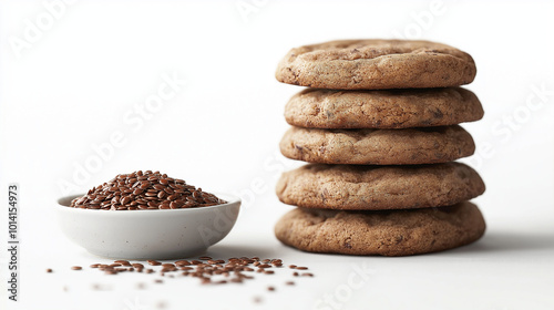 flaxseed meal as a butter alternative: a clean, minimalist photograph of a stack of rustic cookies displayed from the front, accompanied by a small bowl of flaxseed meal on the side photo