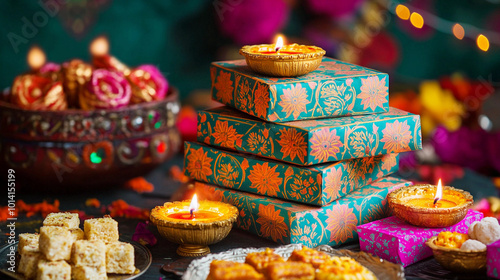 Diwali gift box with sweets and diya on the table 